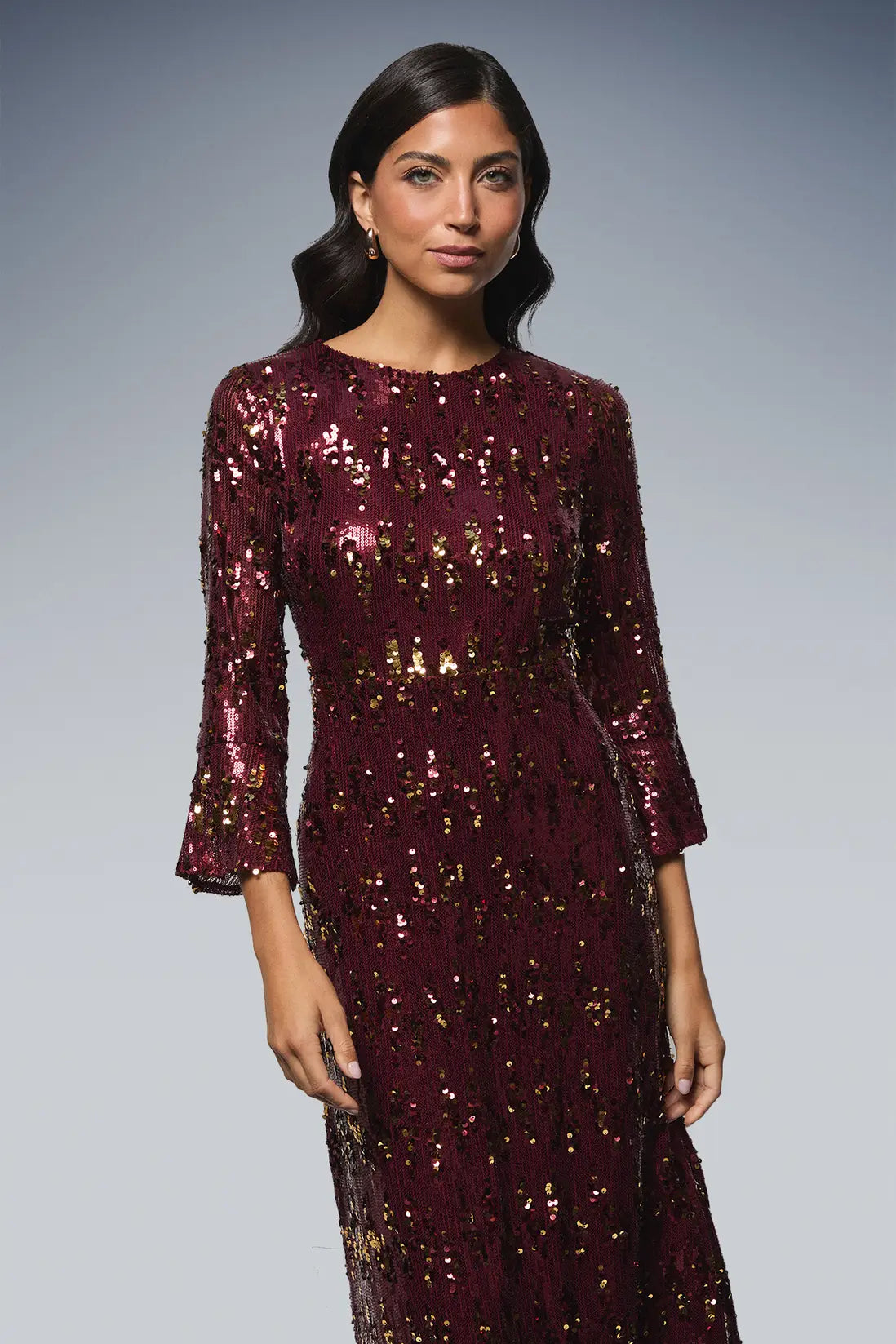 Sequin Flared Sleeve Midi Dress