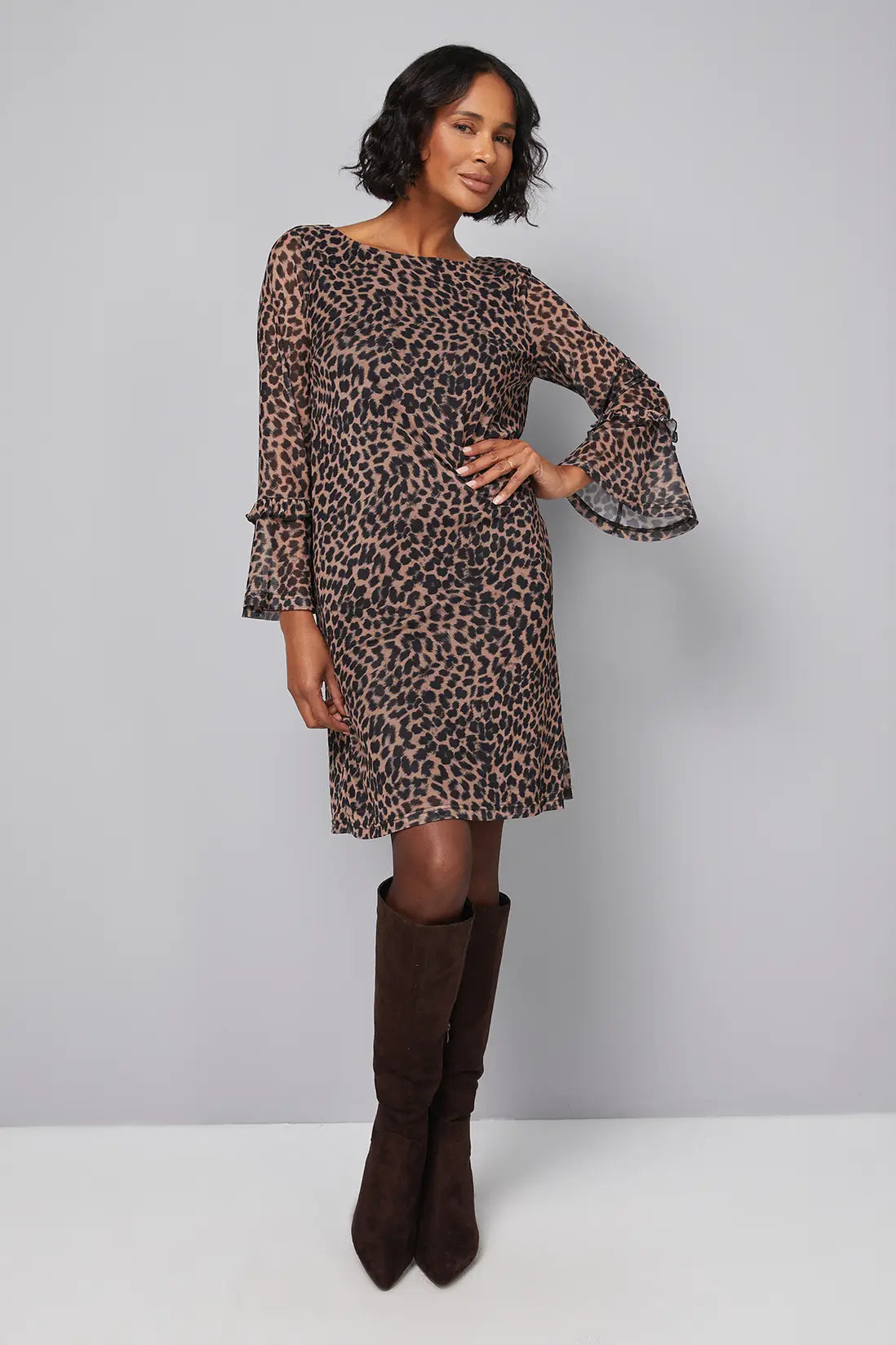 Leopard Mesh Ruffle Sleeve Shift Dress