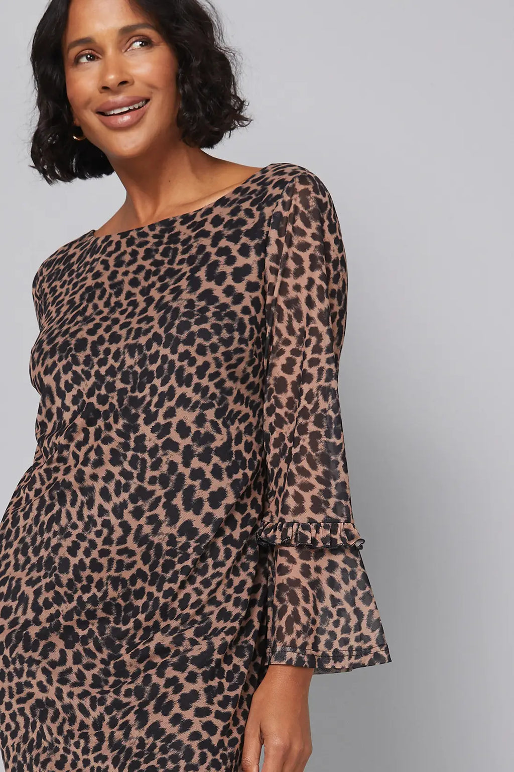 Leopard Mesh Ruffle Sleeve Shift Dress