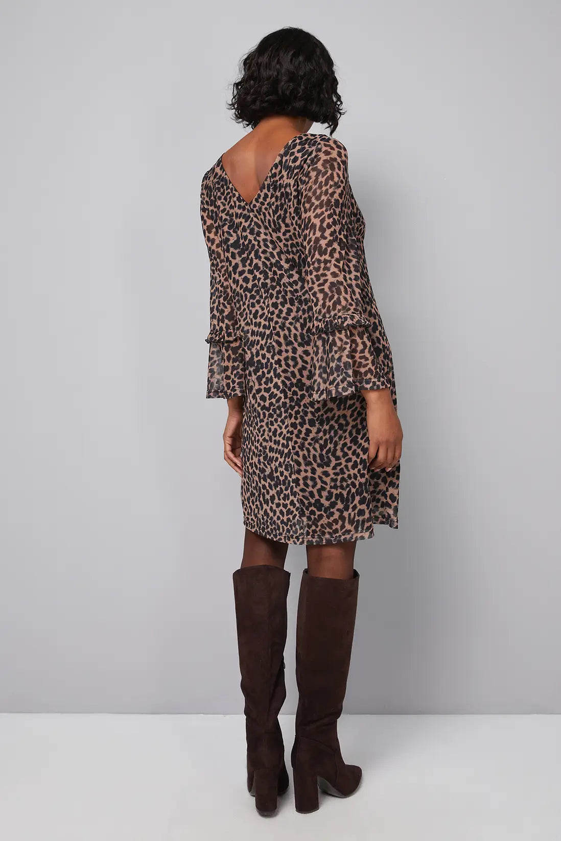 Leopard Mesh Ruffle Sleeve Shift Dress