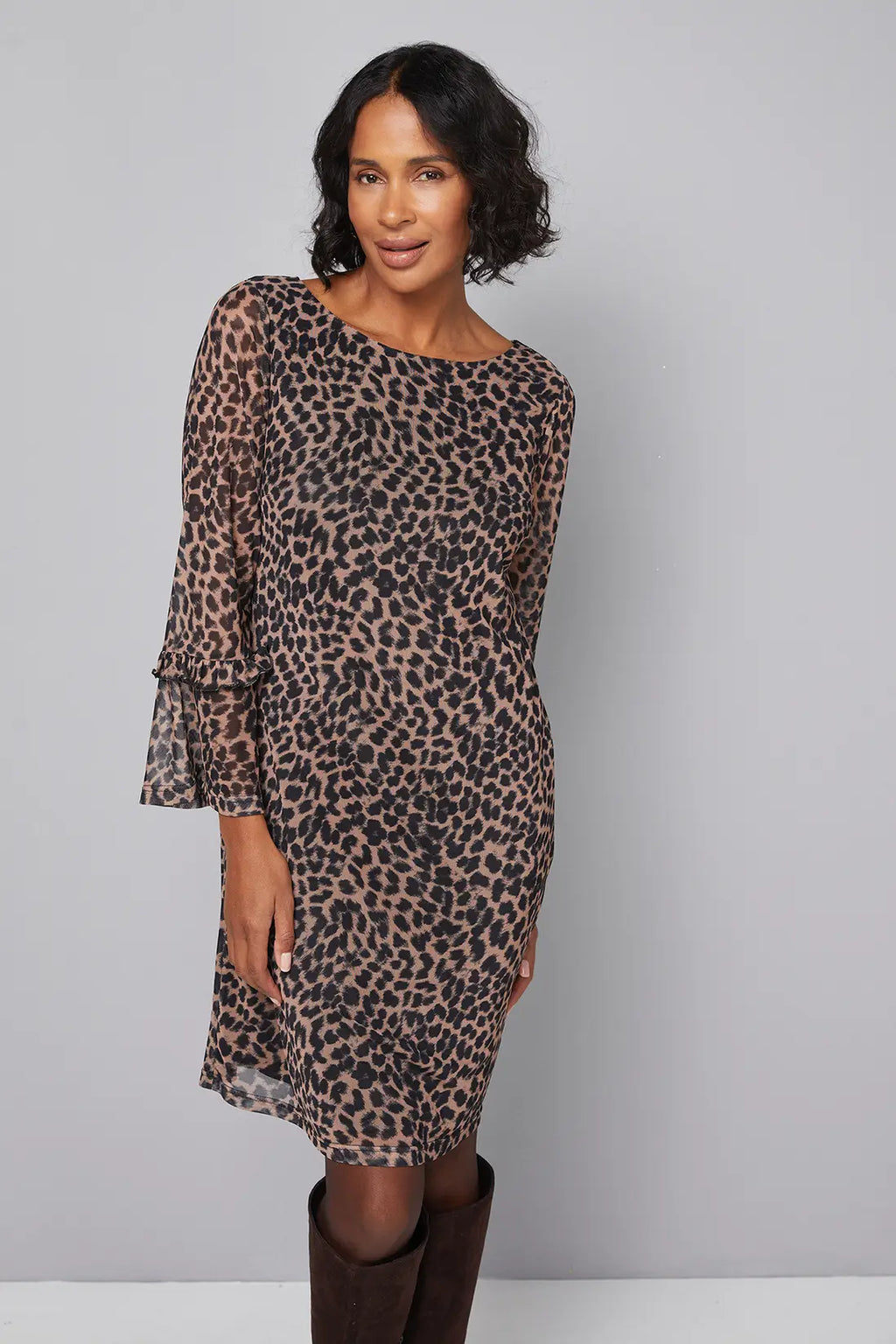 Leopard Mesh Ruffle Sleeve Shift Dress