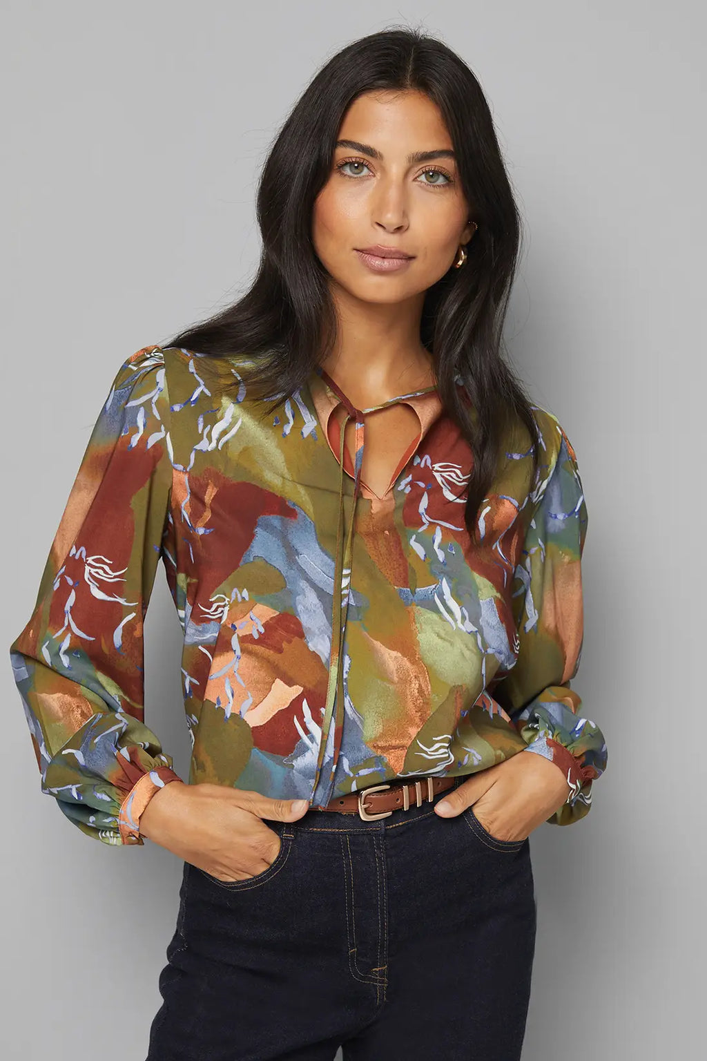 Abstract Print Tie Blouse