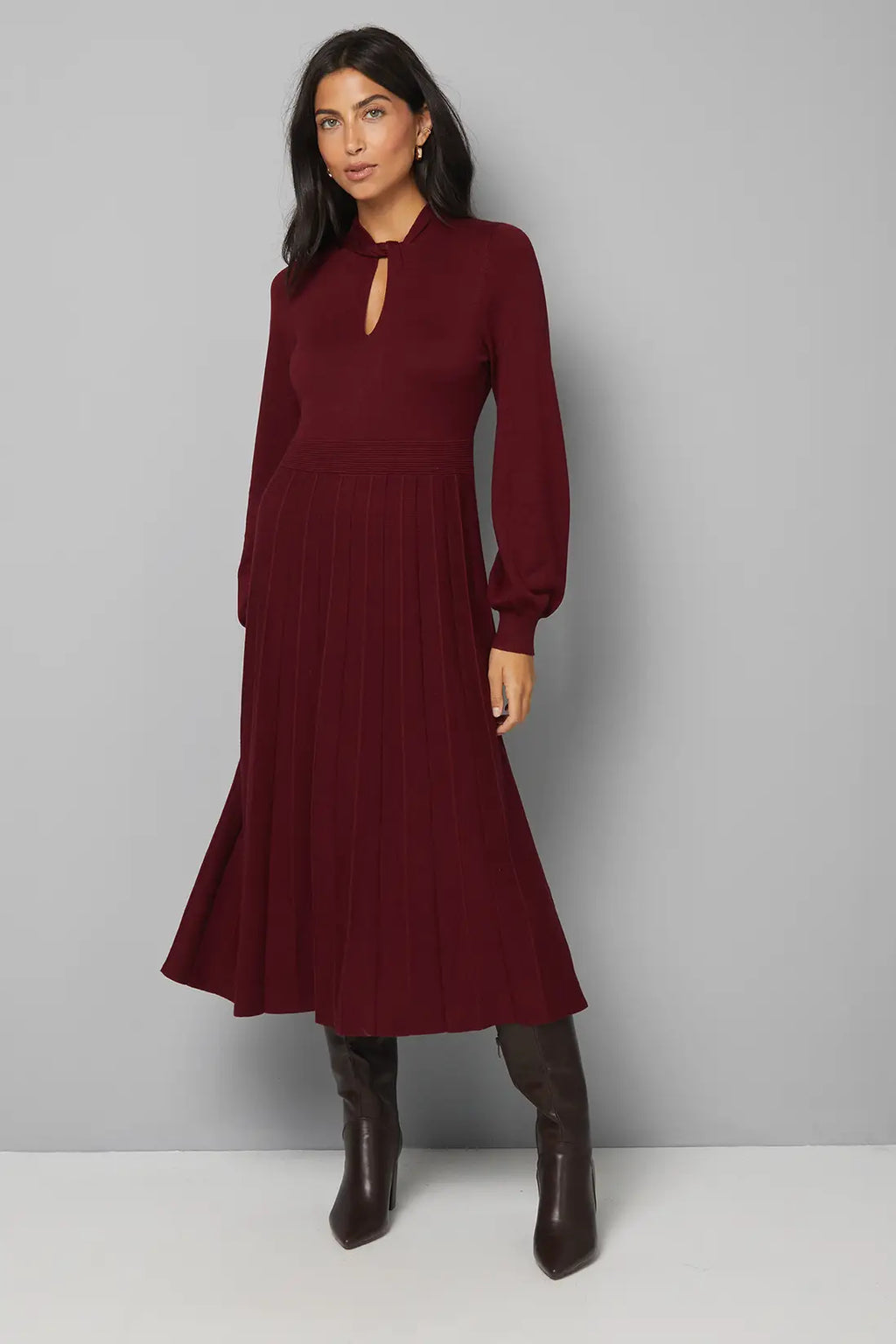 Twist Neck Keyhole Pleated Dress