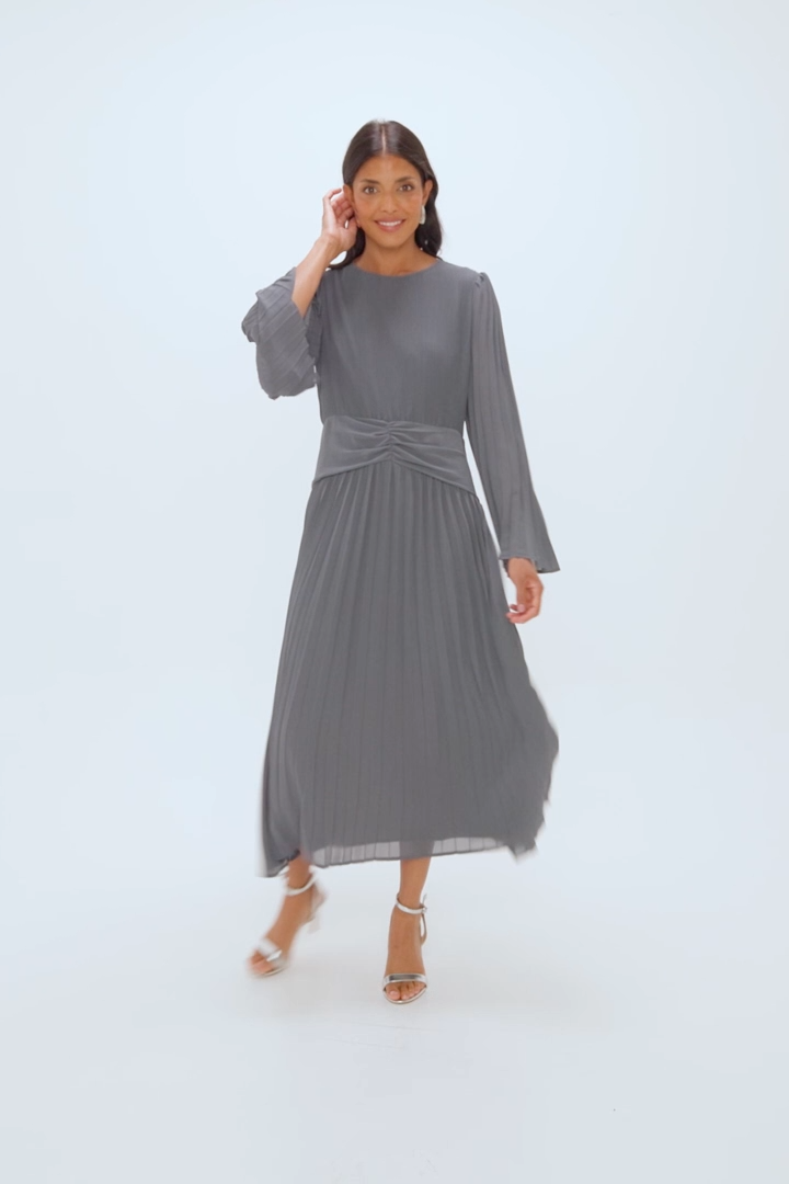 Pleated Flare Sleeve Waist Detail Midi Dress